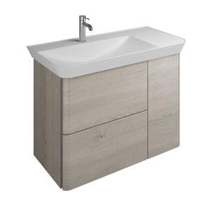 Ausführung Waschtisch mit Unterschrank: Mulde links, Türanschlag links, ohne LED-Griffleistenbel.