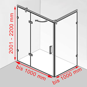 Breite / Tiefe / Höhe: bis 1000 mm / bis 1000 mm / 2001 - 2200 mm