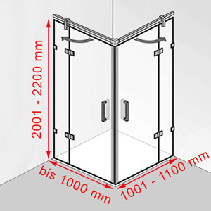 Breite / Tiefe / Höhe: bis 1000 mm / 1001 - 1100 mm / 2001 - 2200 mm
