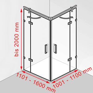 Breite / Tiefe / Höhe: 1101 - 1600 mm / 1001 - 1100 mm / bis 2000 mm