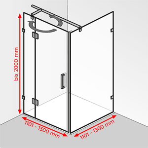 Breite / Tiefe / Höhe: 1101 - 1300 mm / 1101 - 1300 mm / bis 2000 mm