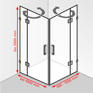 Breite / Tiefe / Höhe: bis 1000 mm / 1101 - 1300 mm / bis 2000 mm