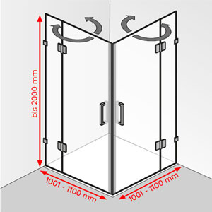 Breite / Tiefe / Höhe: 1001 - 1100 mm / 1001 - 1100 mm / bis 2000 mm