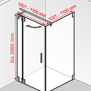 Breite / Tiefe / Höhe: 1001 - 1100 mm / 1001 - 1100 mm / bis 2000 mm