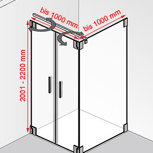 Breite / Tiefe / Höhe: bis 1000 mm / bis 1000 mm / 2001 - 2200 mm