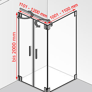 Breite / Tiefe / Höhe: 1101 - 1200 mm / 1001 - 1100 mm / bis 2000 mm