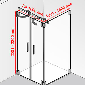 Breite / Tiefe / Höhe: bis 1000 mm / 1001 - 1600 mm / 2001 - 2200 mm