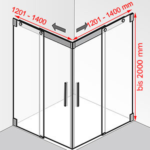 Breite / Tiefe / Höhe: 1201 - 1400 mm / 1201 - 1400 mm / bis 2000 mm