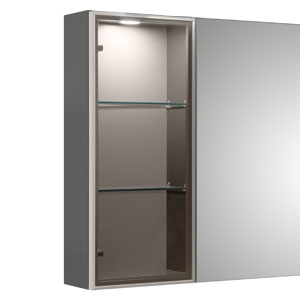 Ausführung Ergänzungsschrank: Vitrine und Türanschlag links, getönte silberne Glastür