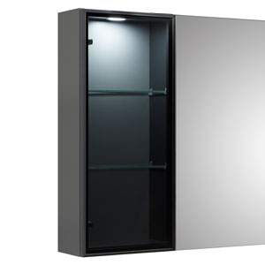 Ausführung Ergänzungsschrank: Vitrine und Türanschlag links, schwarze Rauchglastür