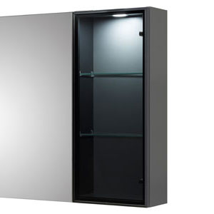 Ausführung Ergänzungsschrank: Vitrine und Türanschlag rechts, schwarze Rauchglastür