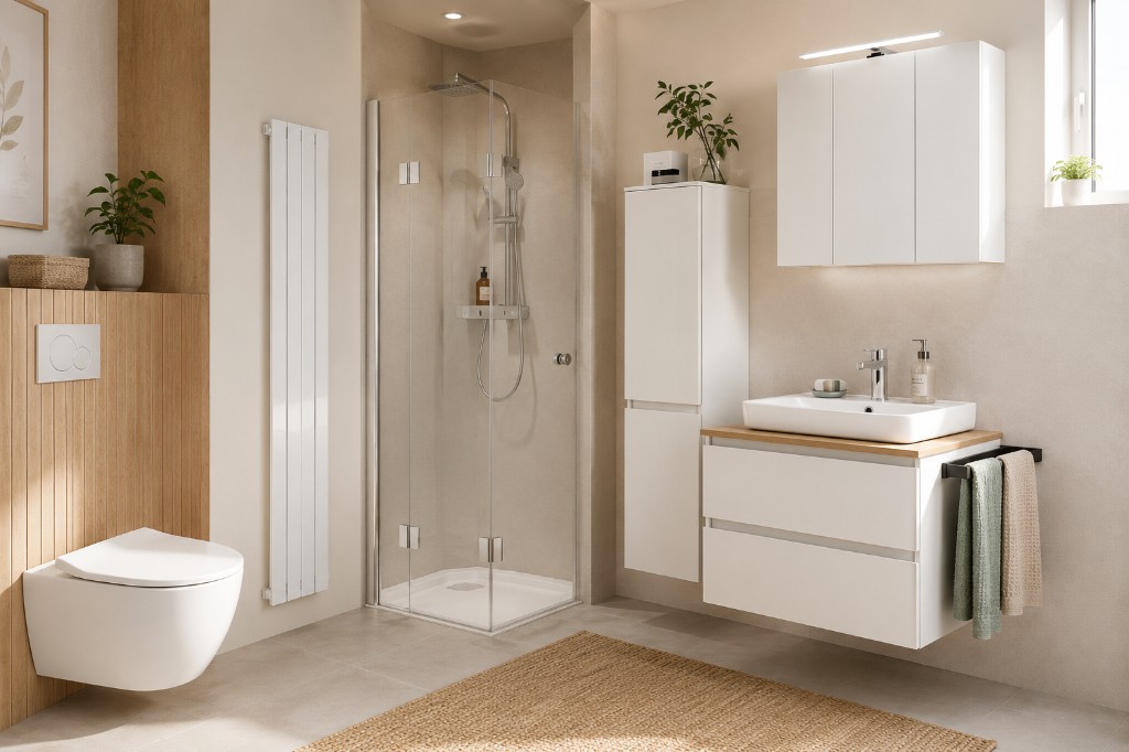 Modernes Gäste- und Kleinbad mit Dusche, Waschtisch und WC